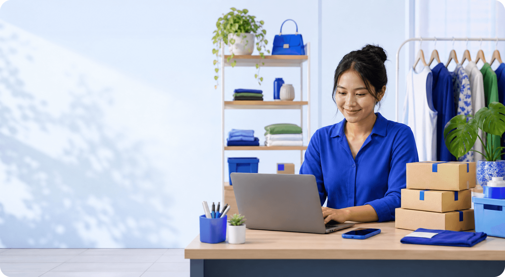 Pemilik UMKM mengelola pesanan online dari ruang usahanya